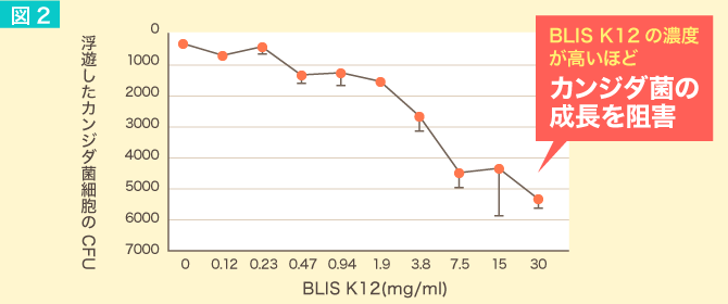 図2.BLIS K12の濃度とカンジダ菌の浮遊細胞の関係